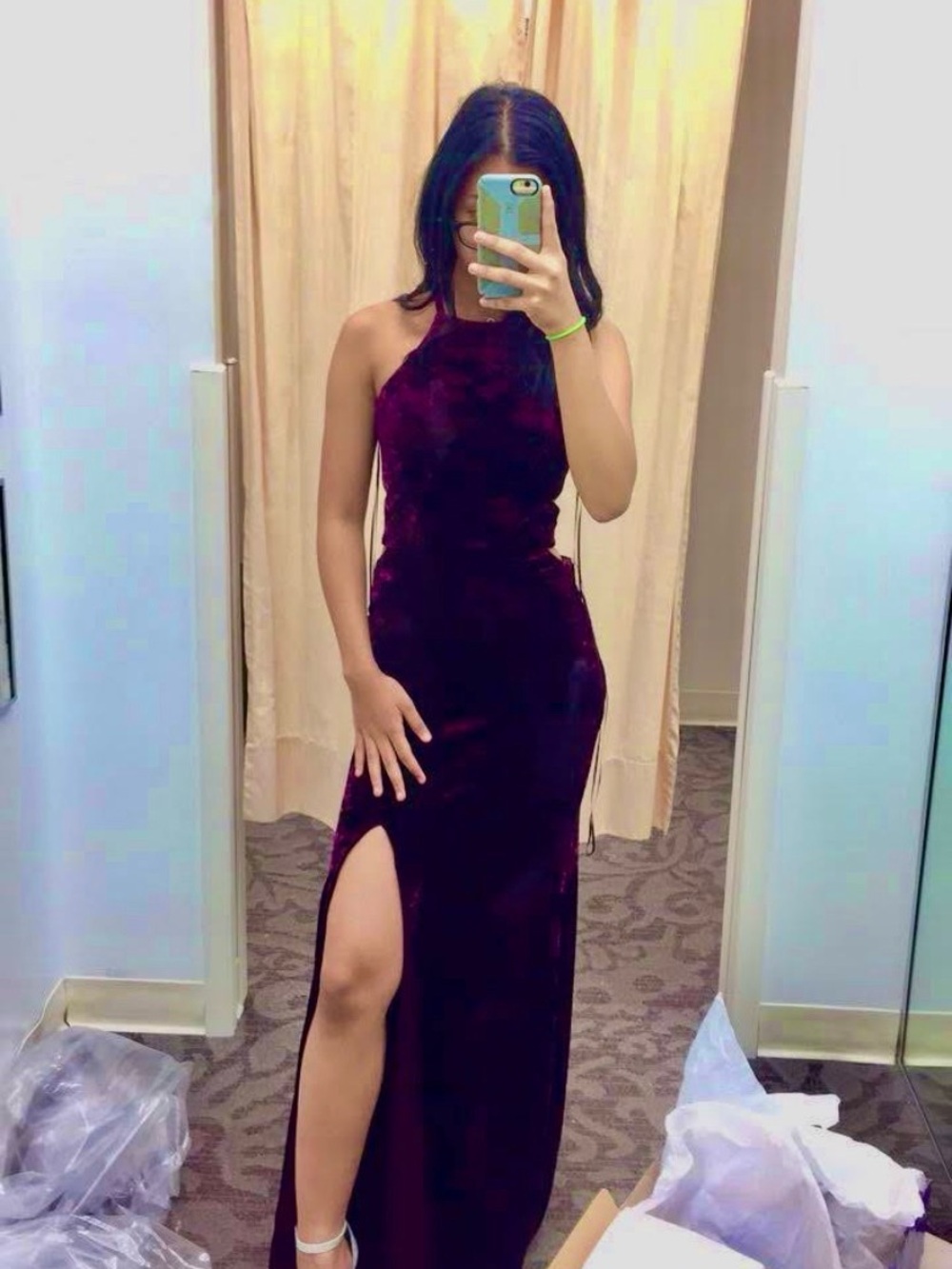 David's Bridal Plum Velvet High-Neck Halter Gown